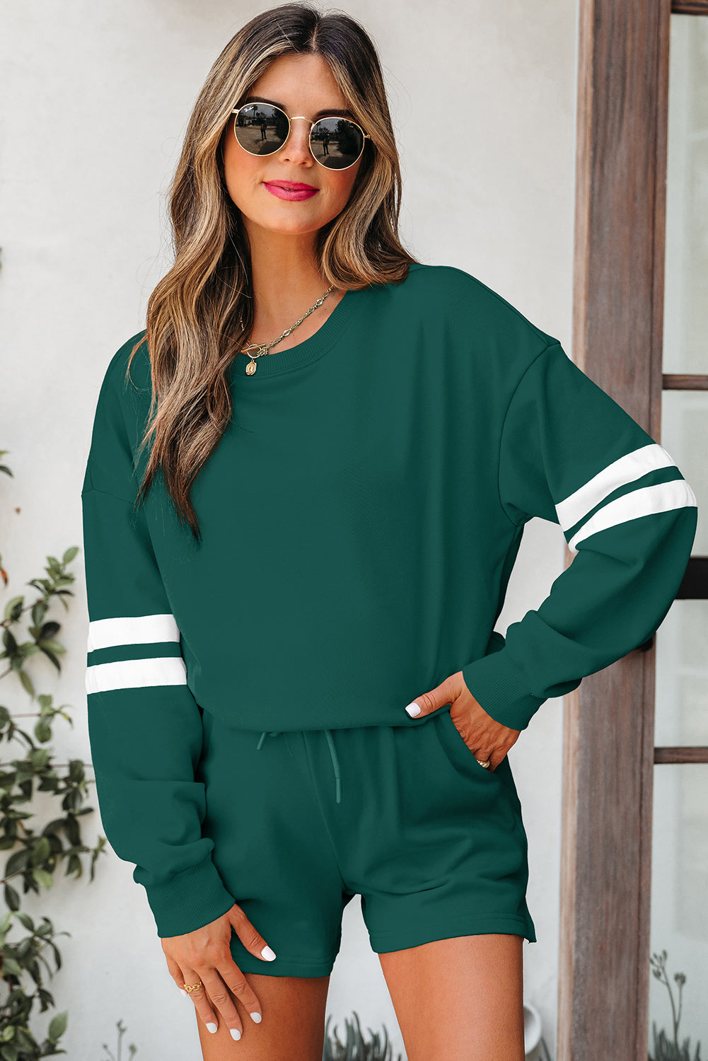 Orange Varsity Striped Sleeve Drop Shoulder Sweatshirt and Short Set