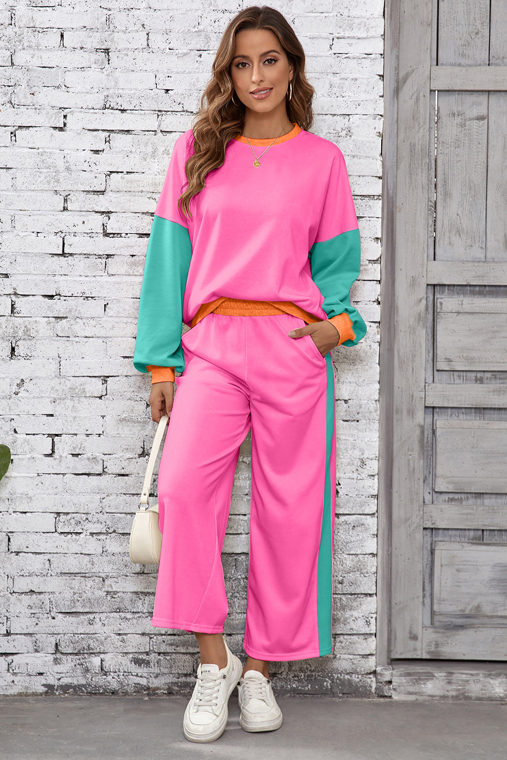 Chestnut 2pcs Color Block Pullover Loose Pant Set