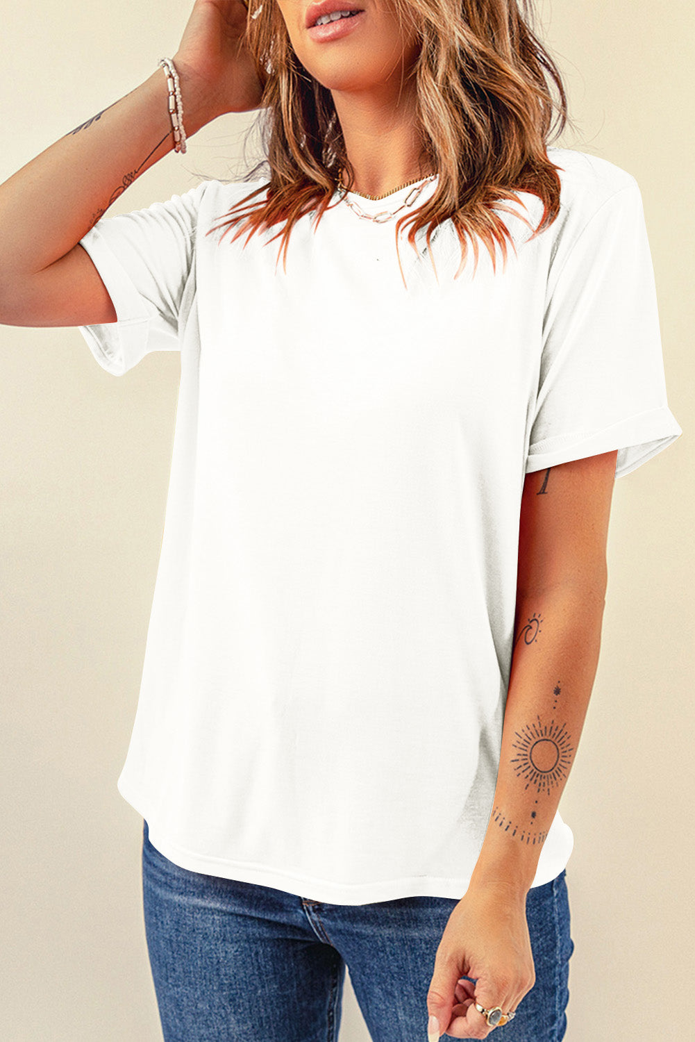 Red Casual Plain Crew Neck Tee