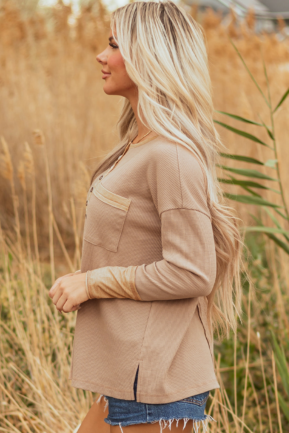 Vineyard Green Color Block Waffle Textured Tunic Henley Top with Slits