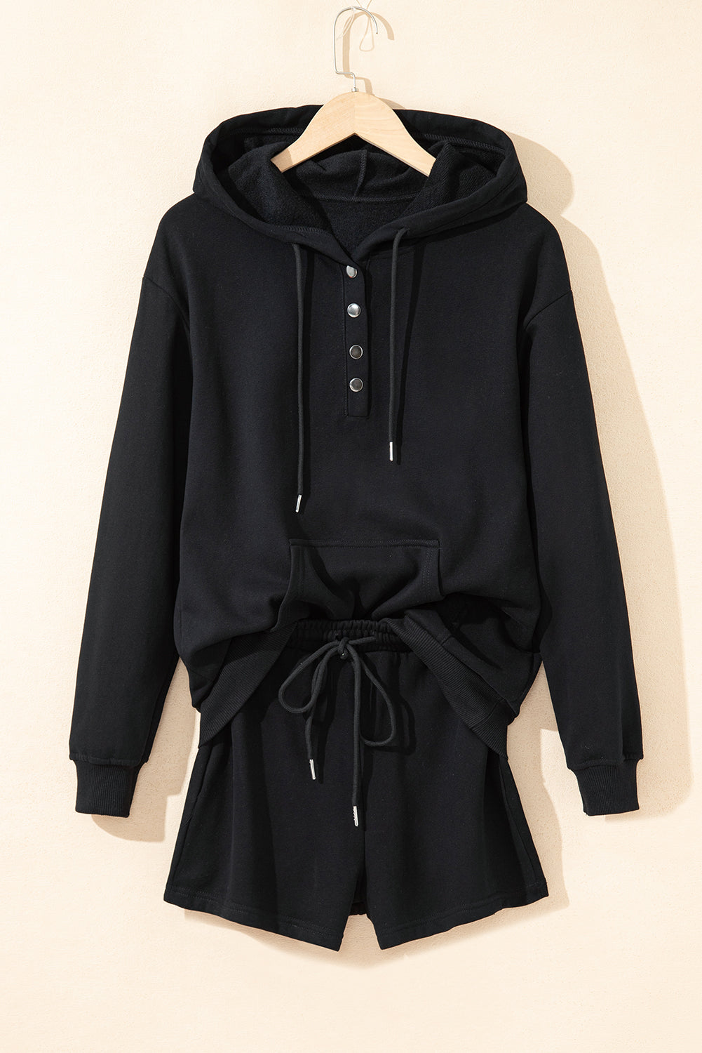 Light Blue Button Drawstring Hooded Pullover and Casual Short Set