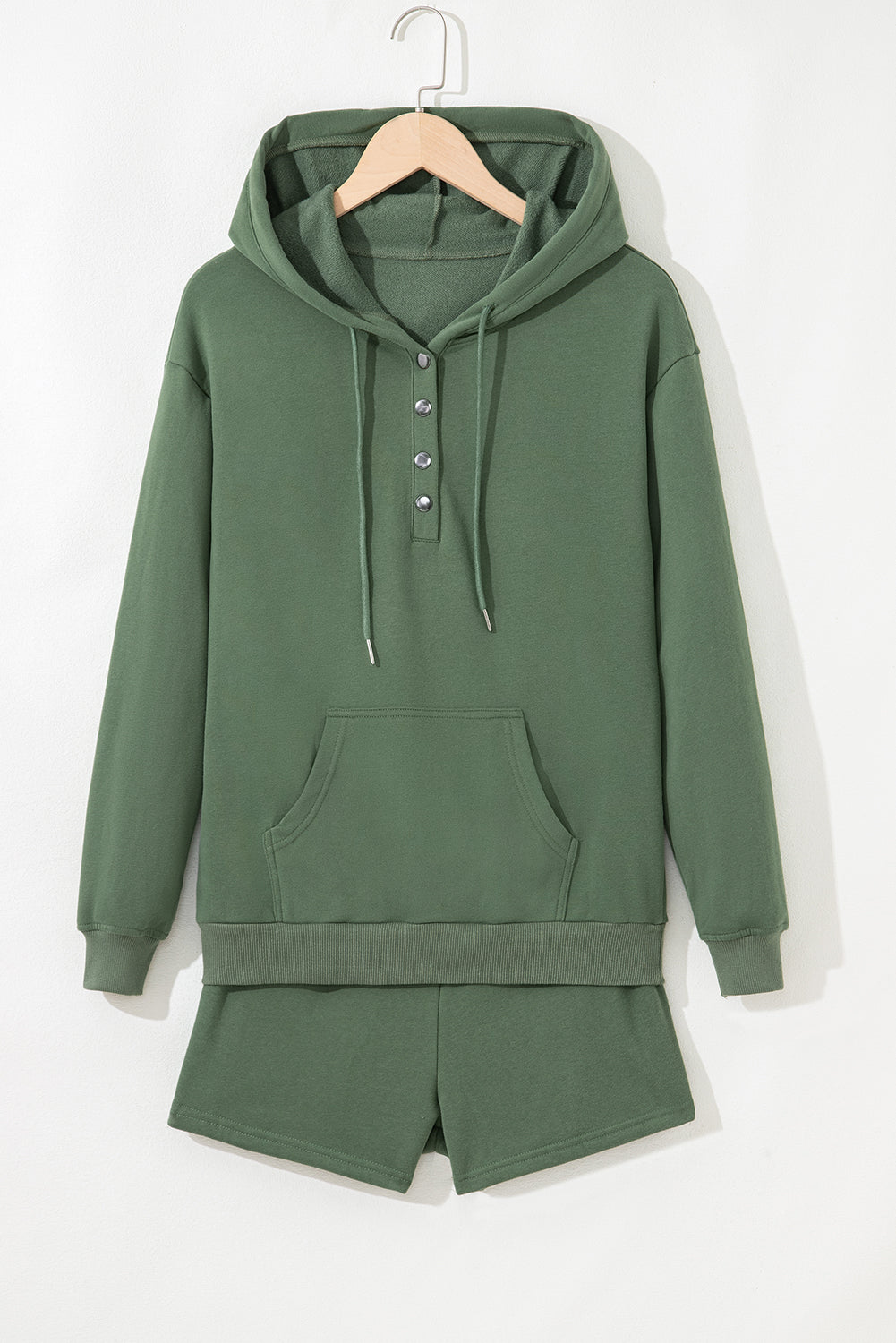 Light Blue Button Drawstring Hooded Pullover and Casual Short Set