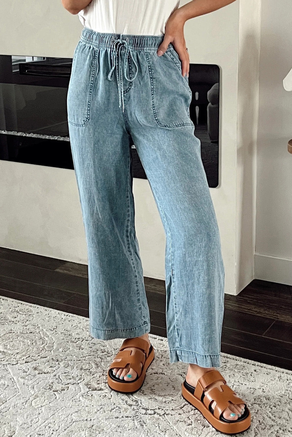 Sail Blue Mineral Wash Drawstring Elastic Waistband Loose Straight Denim Pants