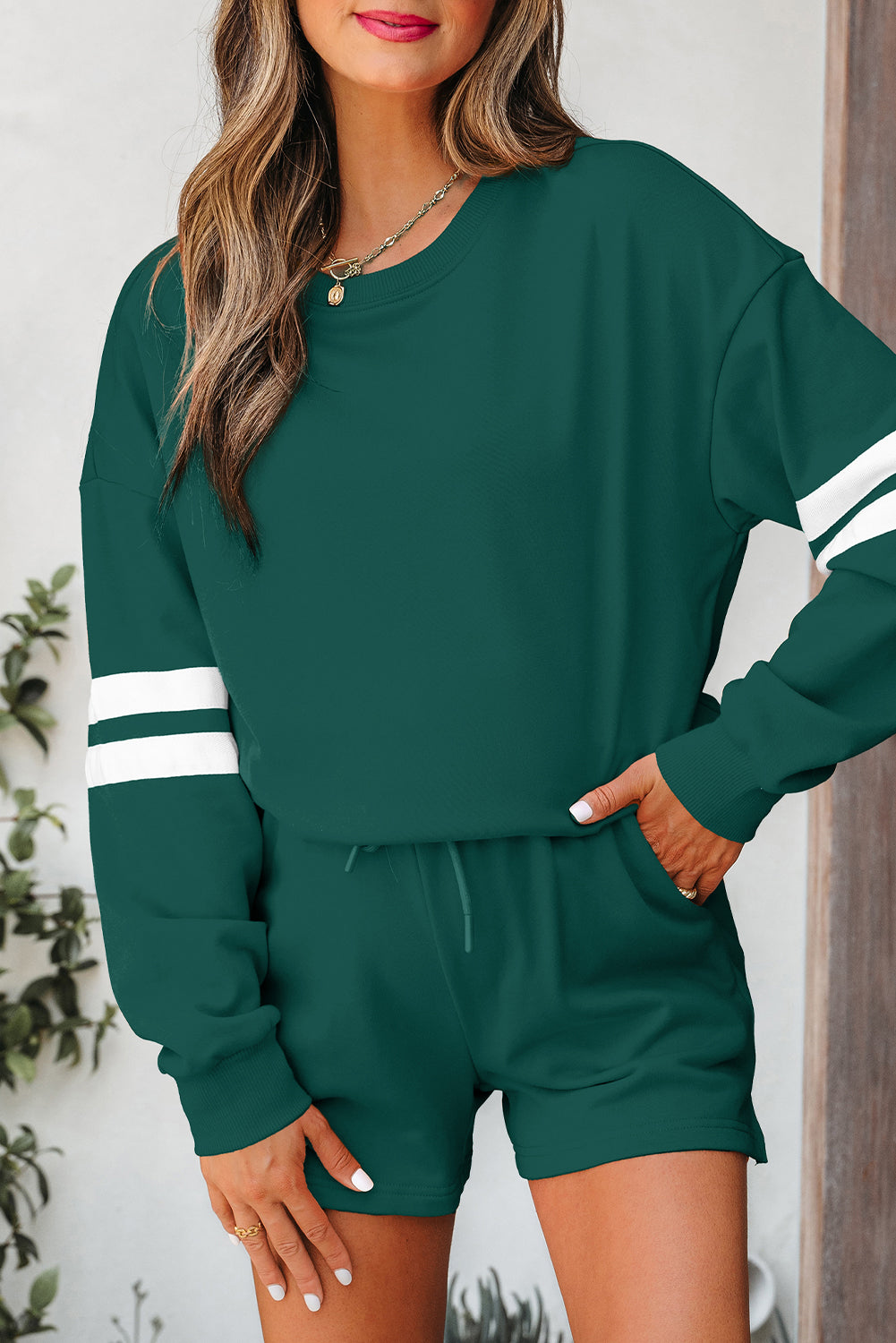 Orange Varsity Striped Sleeve Drop Shoulder Sweatshirt and Short Set
