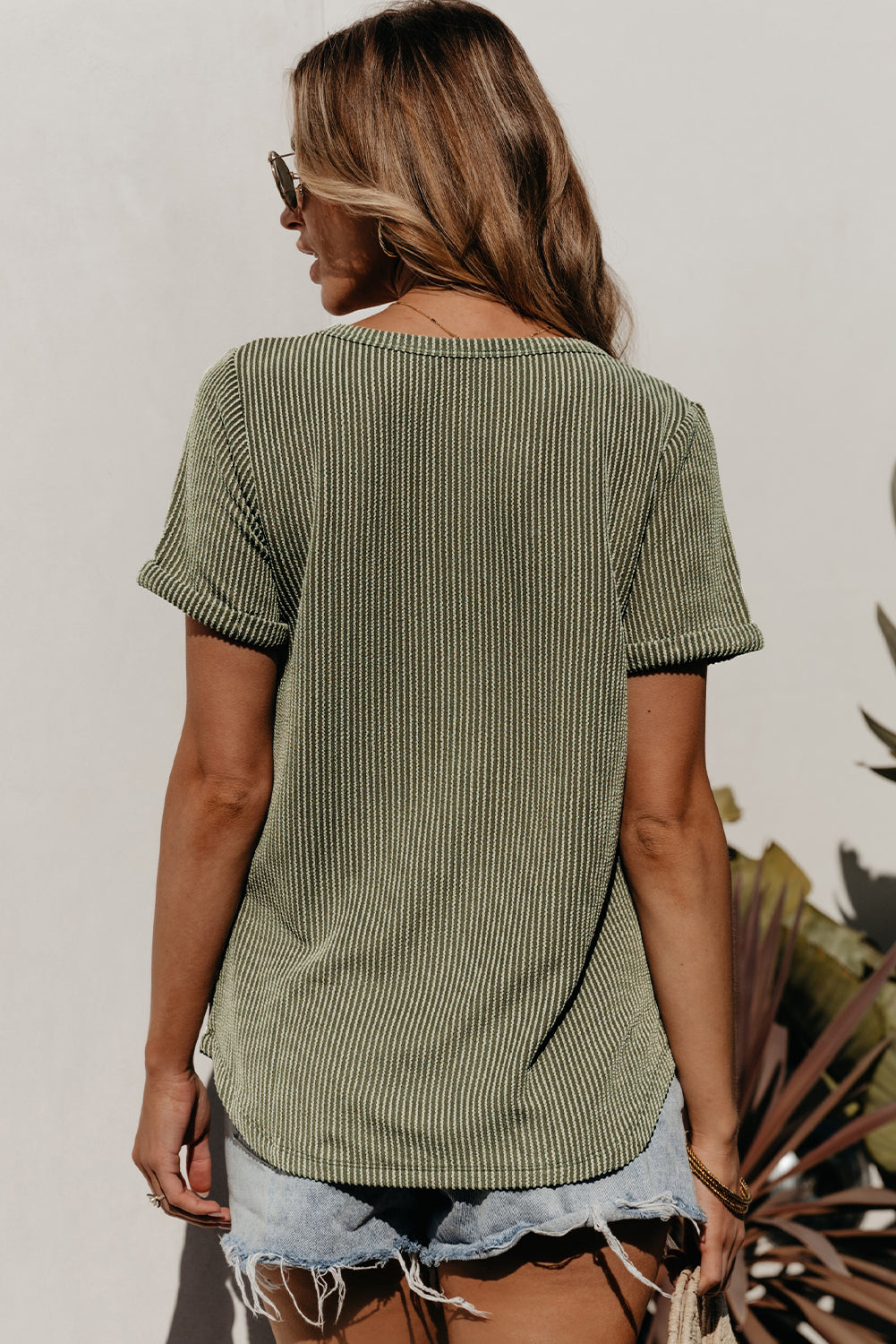 Carbon Grey Twist Short Sleeve Corded V Neck Top
