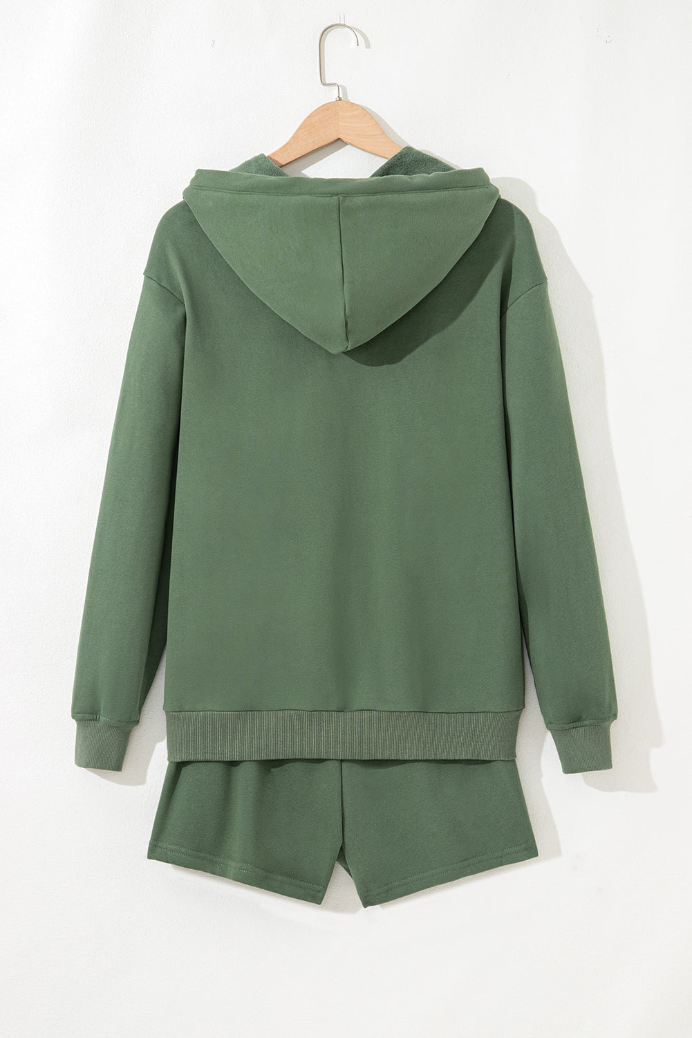 Light Blue Button Drawstring Hooded Pullover and Casual Short Set