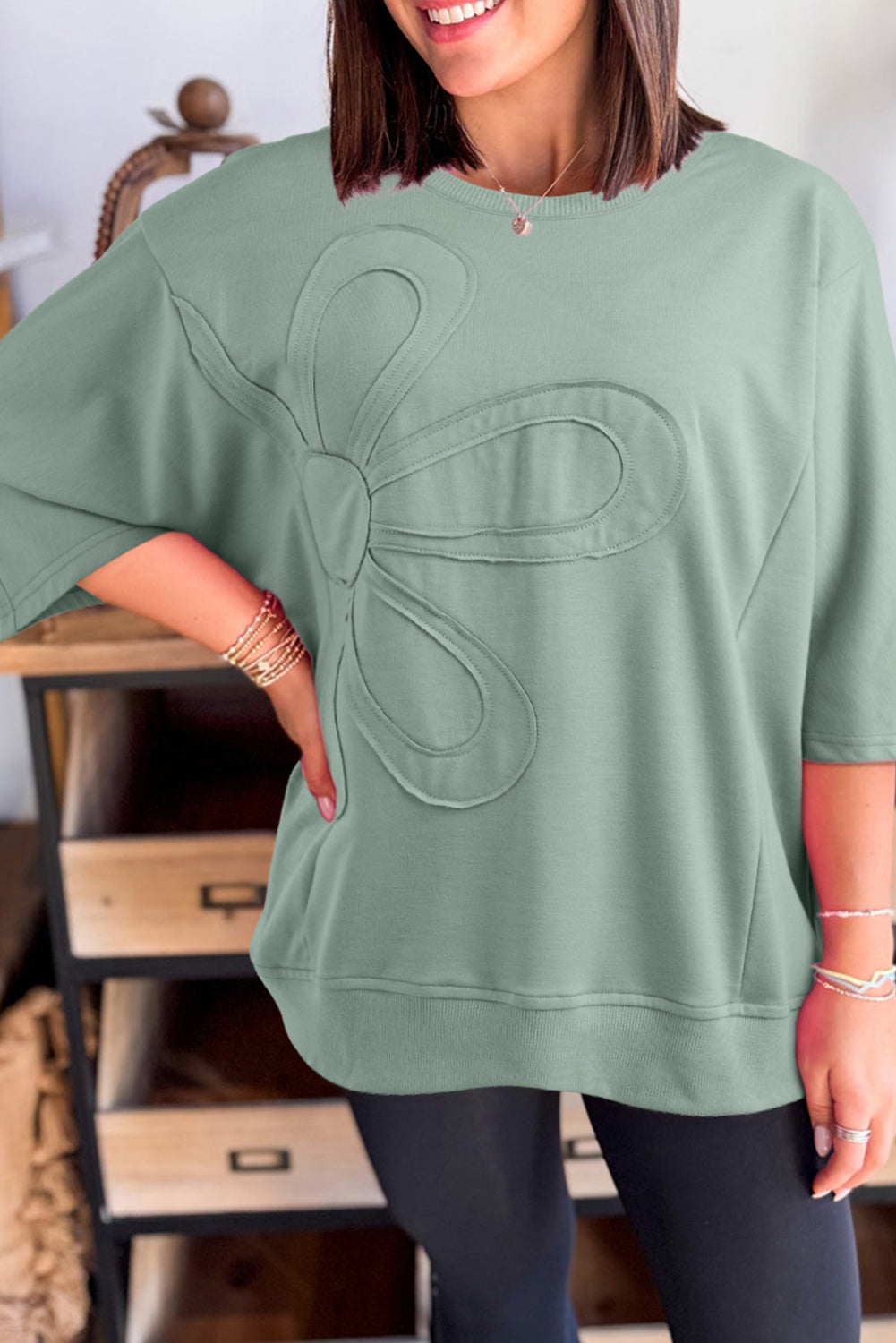 Beau Blue Floral Patched Half Sleeve Tunic Top