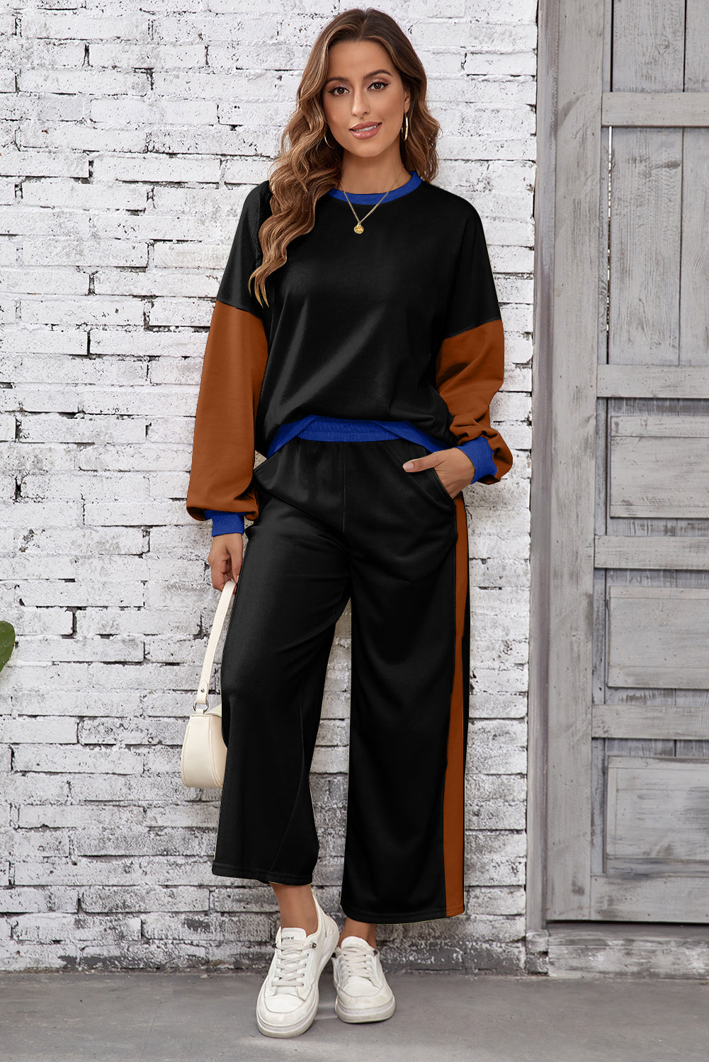 Chestnut 2pcs Color Block Pullover Loose Pant Set
