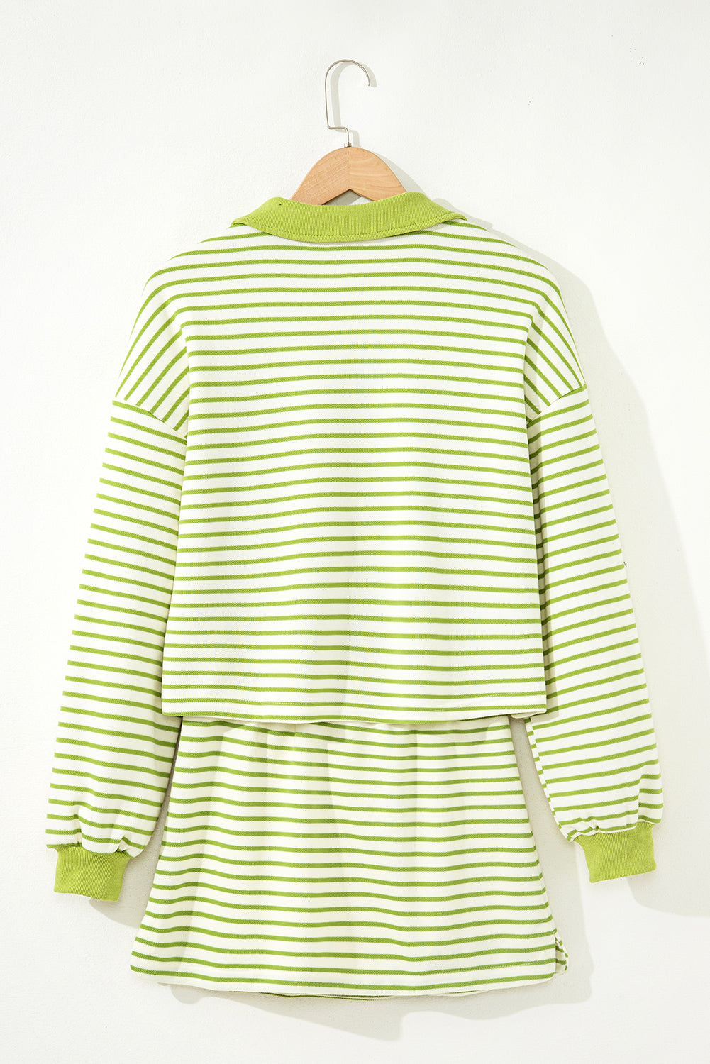 Pink Stripe Collared V Neck Drop Shoulder Pullover and Skort 2pcs Outfit