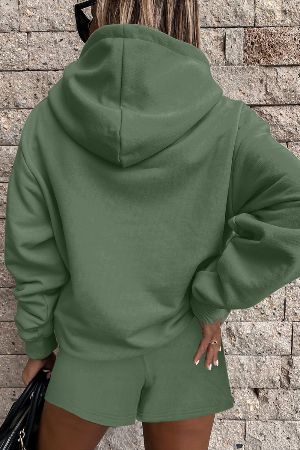 Light Blue Button Drawstring Hooded Pullover and Casual Short Set