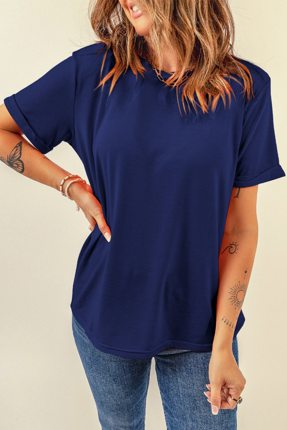 Red Casual Plain Crew Neck Tee