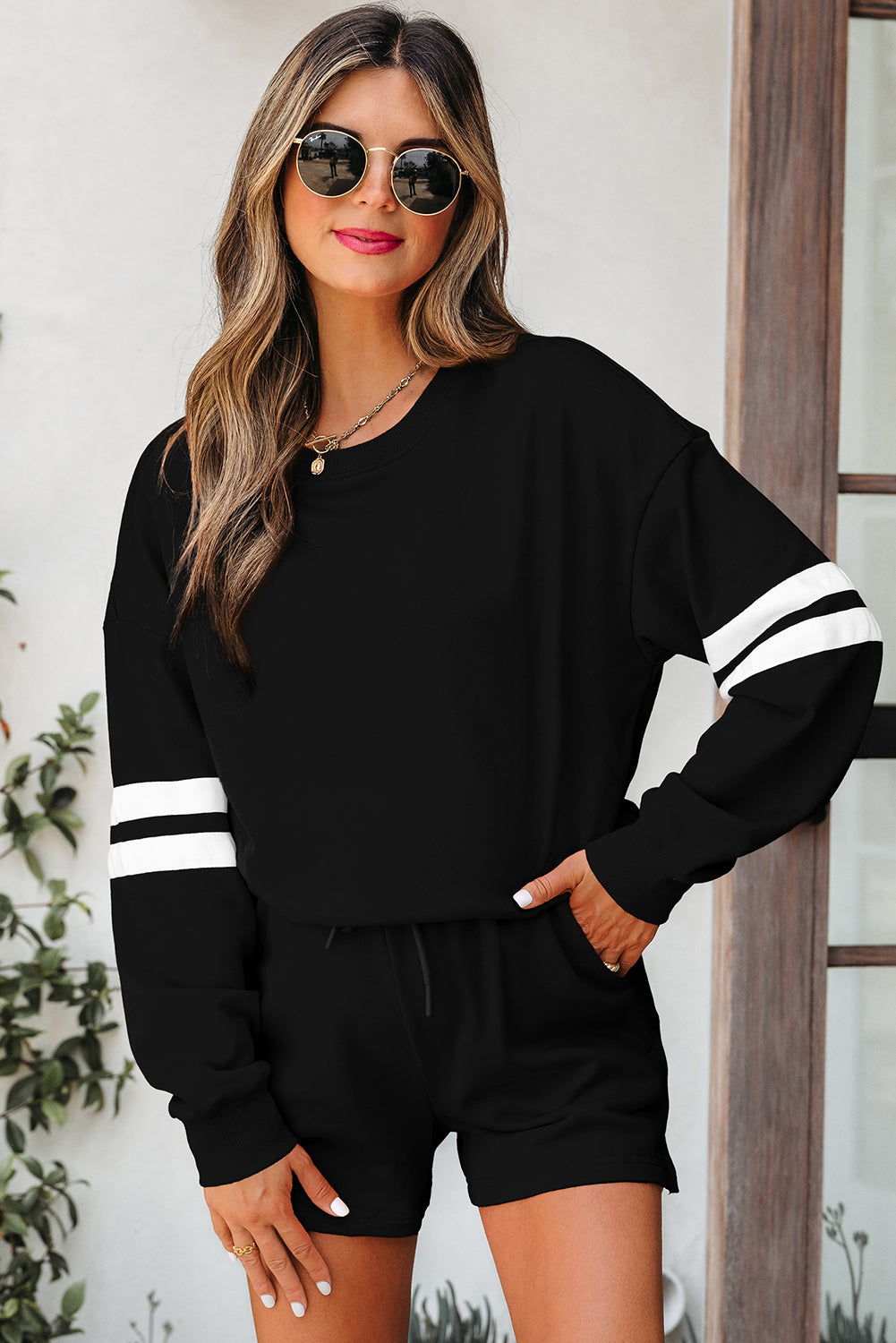 Orange Varsity Striped Sleeve Drop Shoulder Sweatshirt and Short Set