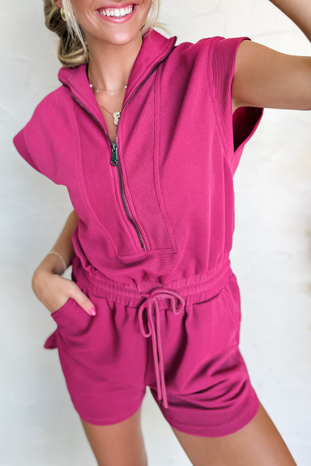 Bright Green Textured Short Sleeve Half Zip Drawstring Elastic Waistband Romper