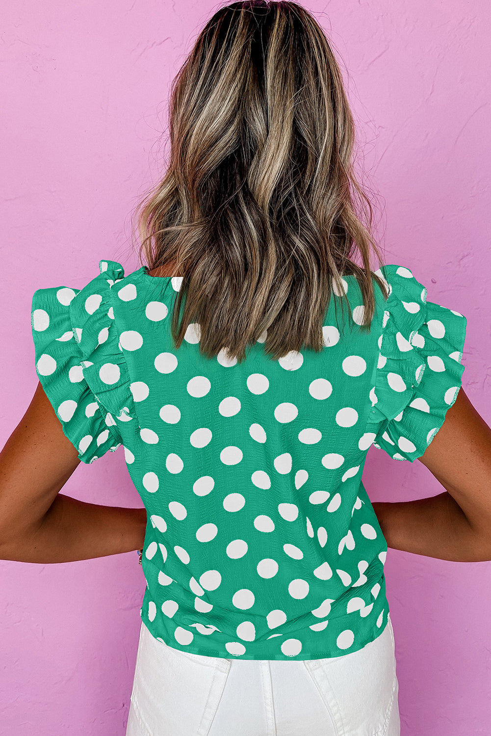 White Polka Dot Print Ruffled Sleeve V Neck Blouse