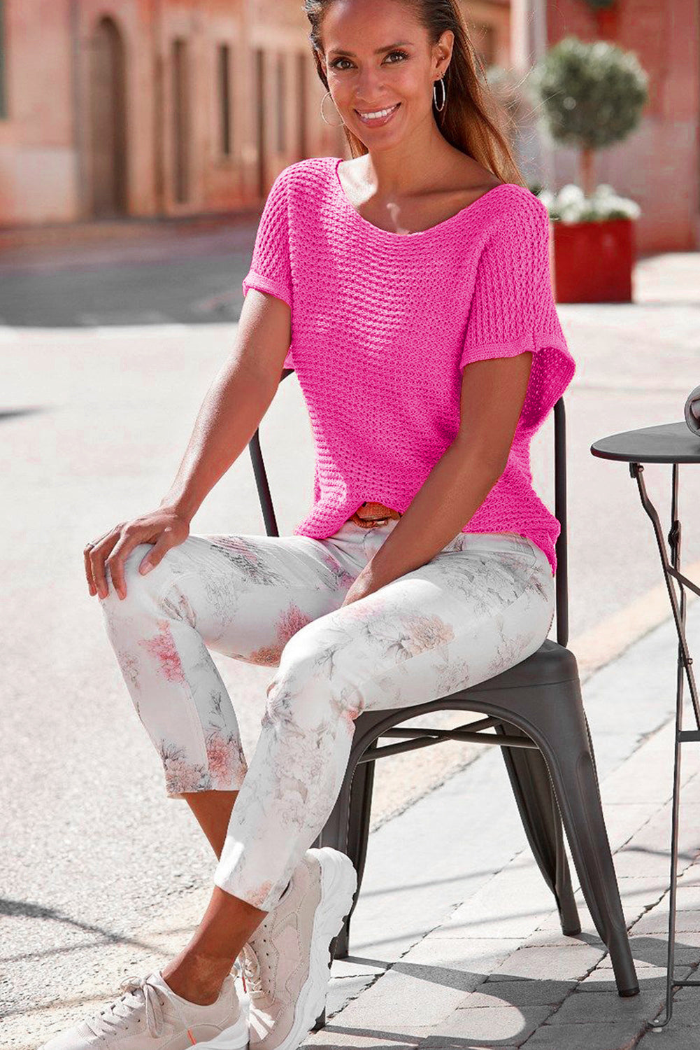 Red Clay Solid Loose Knit Short Dolman Sleeve Sweater
