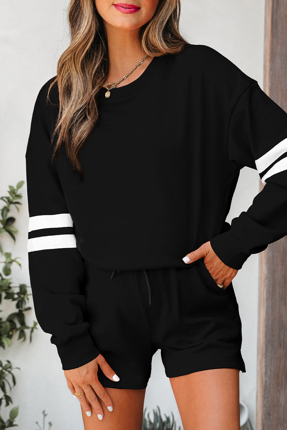 Orange Varsity Striped Sleeve Drop Shoulder Sweatshirt and Short Set