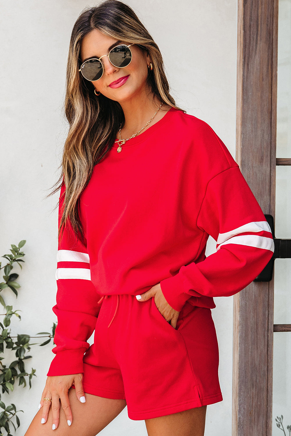 Orange Varsity Striped Sleeve Drop Shoulder Sweatshirt and Short Set
