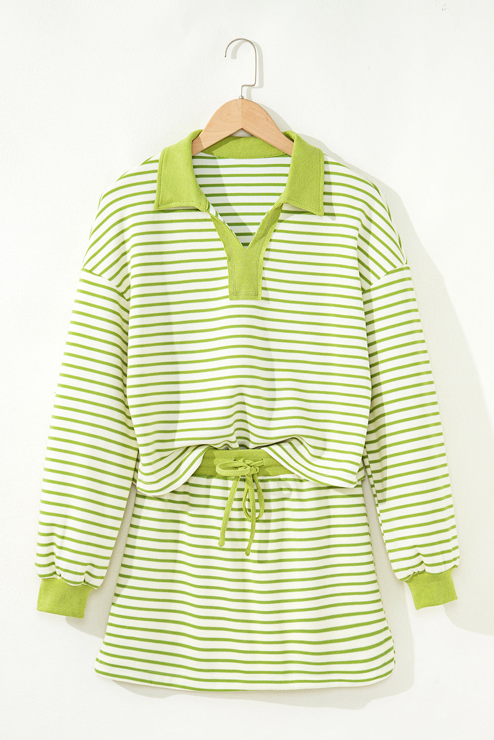 Pink Stripe Collared V Neck Drop Shoulder Pullover and Skort 2pcs Outfit