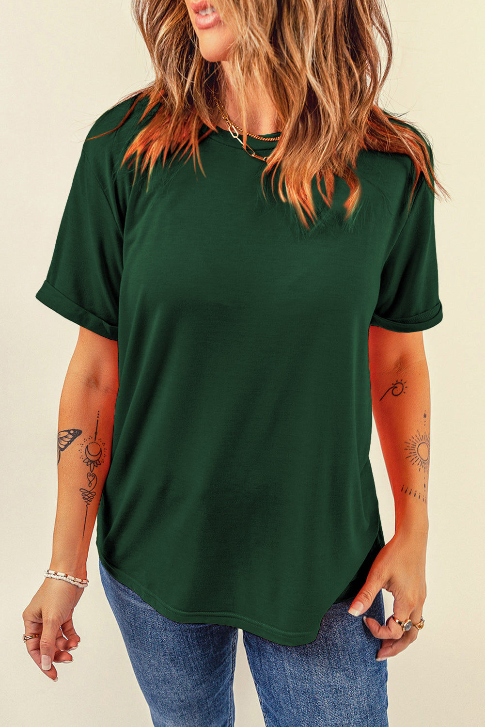 Red Casual Plain Crew Neck Tee
