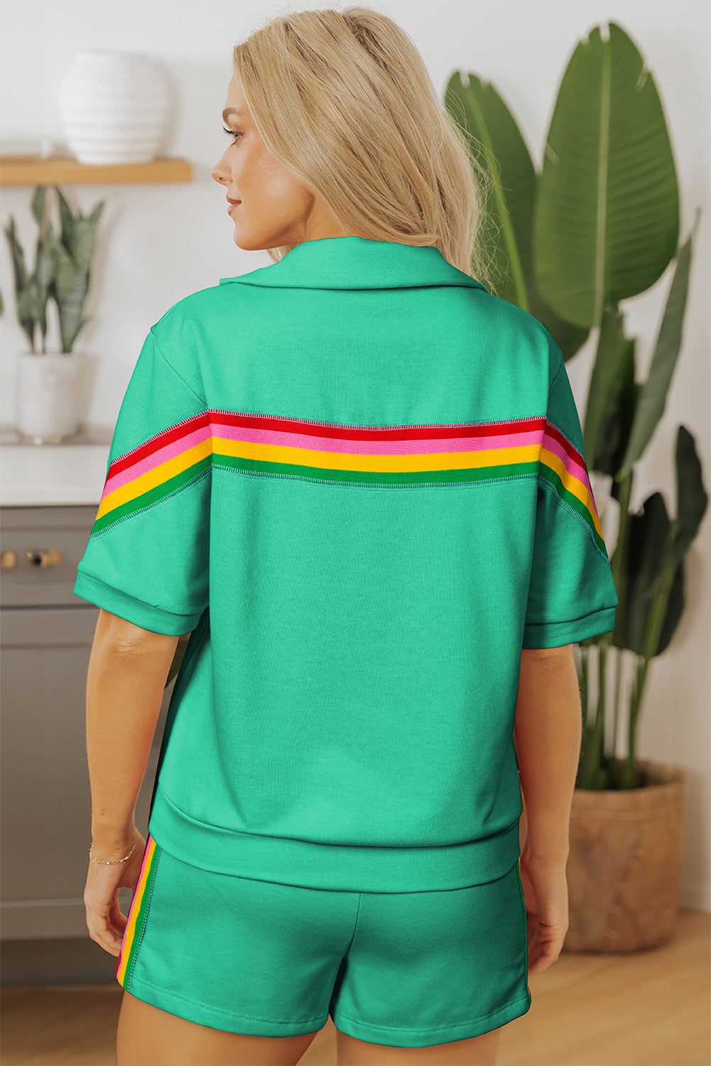 Sky Blue Rainbow Colorblock Collared Short Sleeve Top 2 Piece Shorts Set