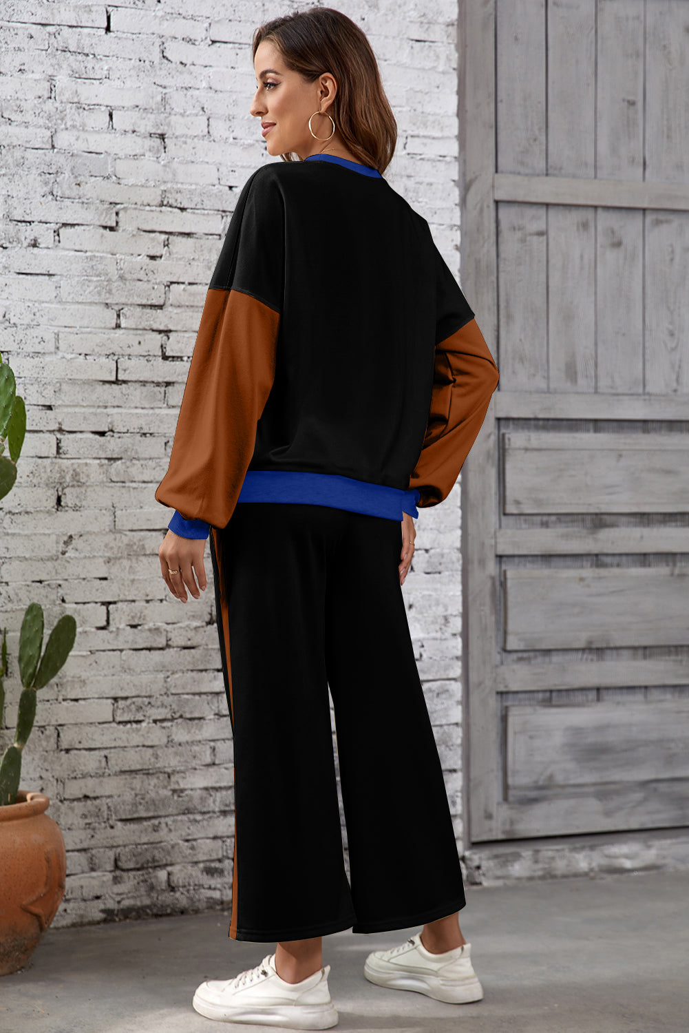 Chestnut 2pcs Color Block Pullover Loose Pant Set