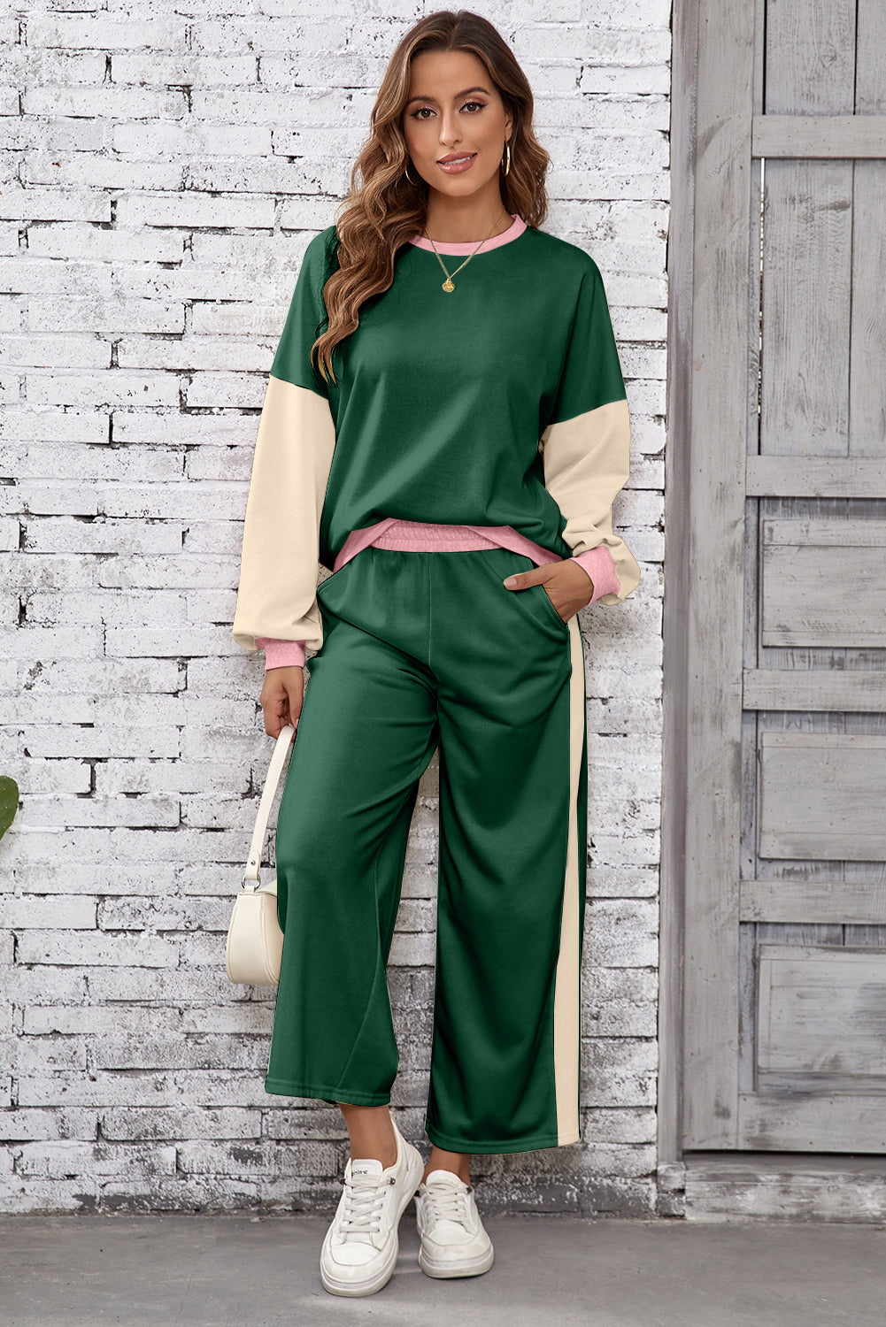 Chestnut 2pcs Color Block Pullover Loose Pant Set