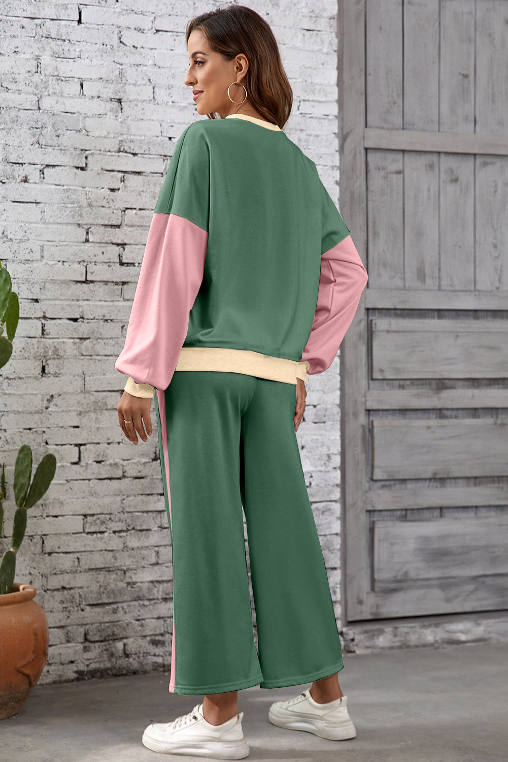 Chestnut 2pcs Color Block Pullover Loose Pant Set