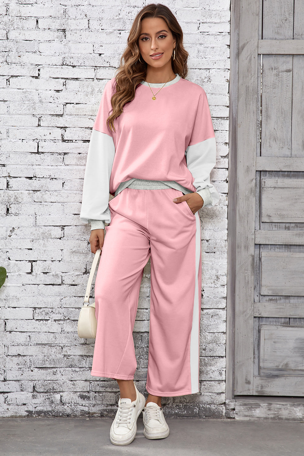 Chestnut 2pcs Color Block Pullover Loose Pant Set