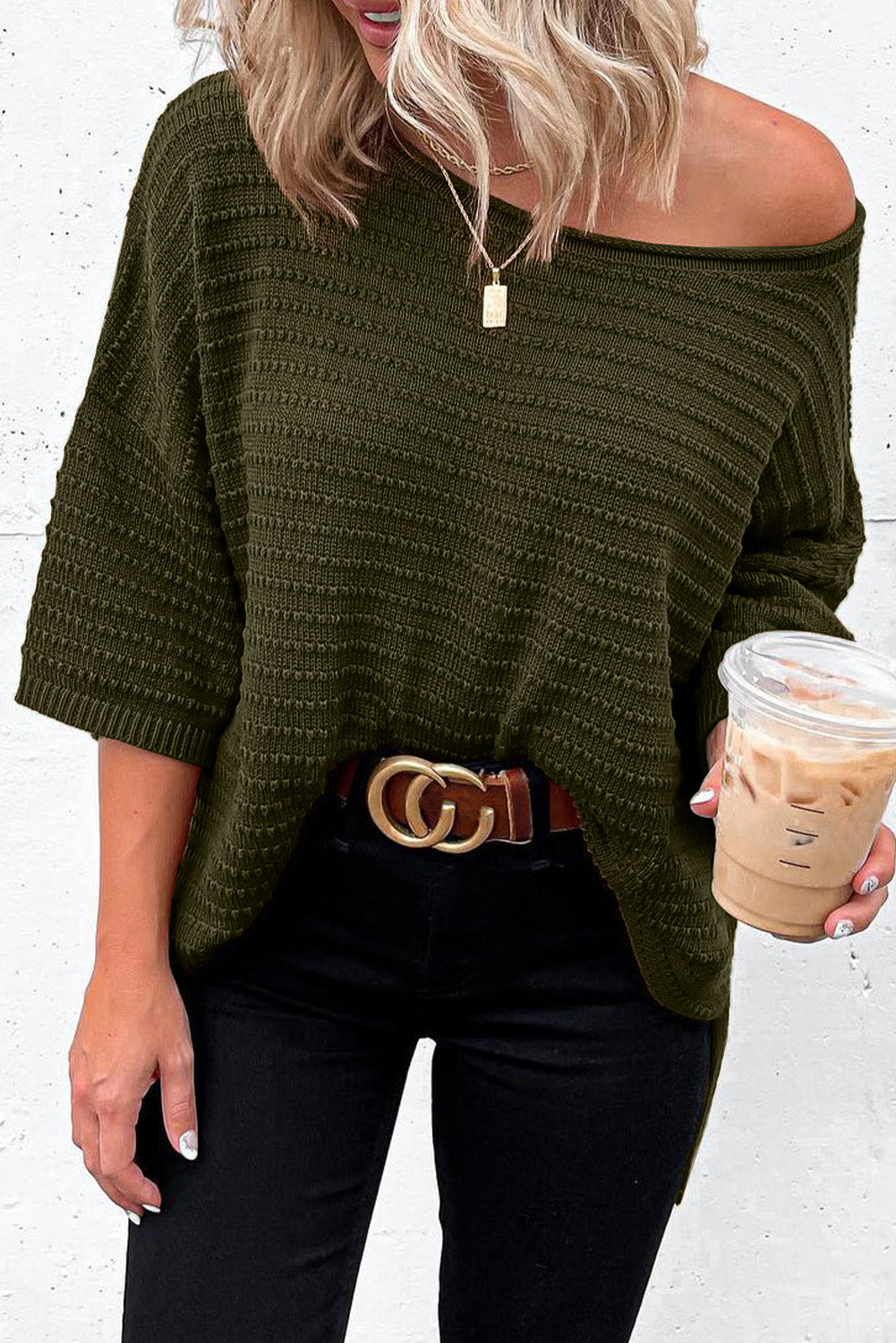 Apricot Textured Knit Drop Shoulder Short Sleeve Sweater