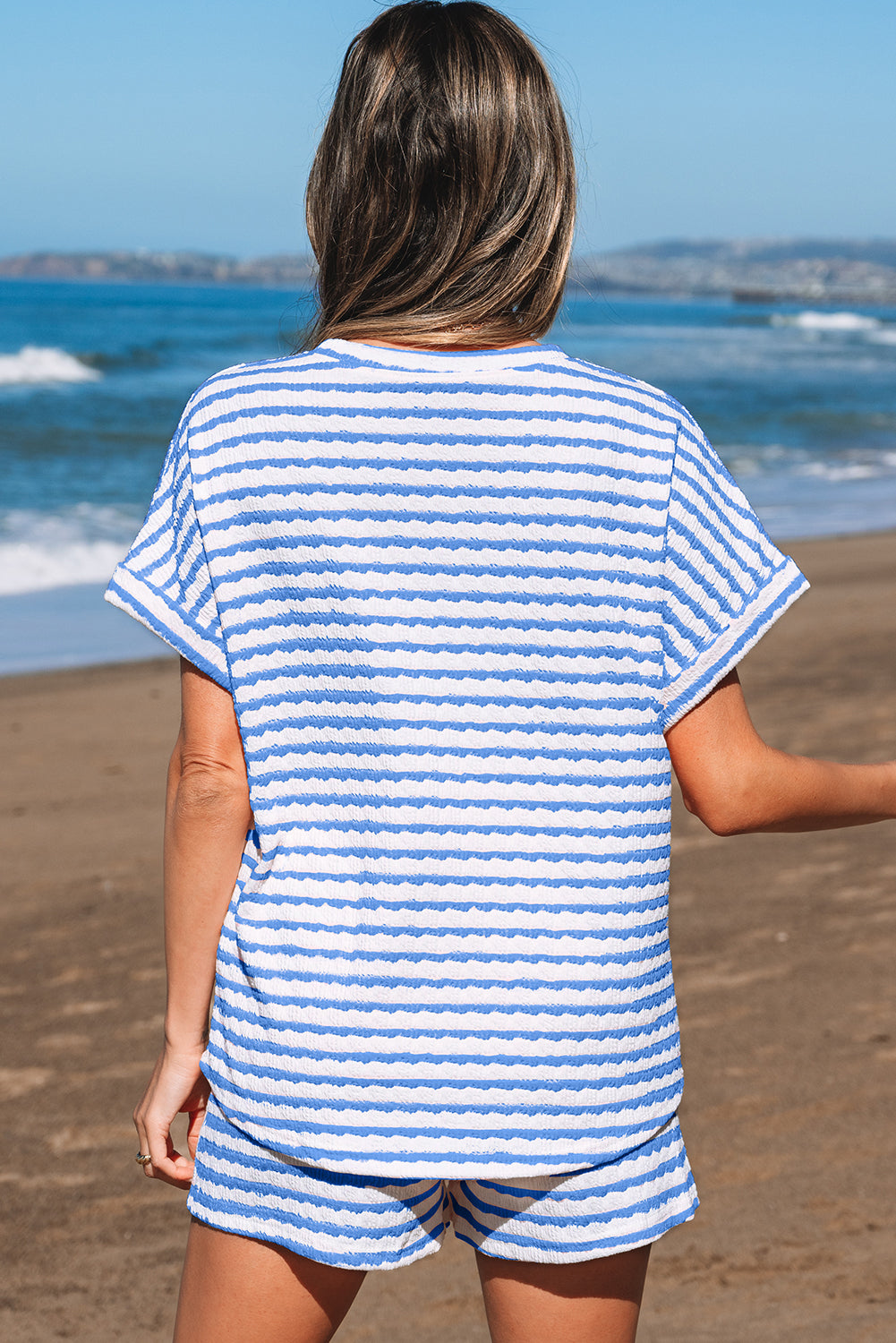 Pink Stripe Knitted Short Sleeve Top and Drawstring Shorts Set