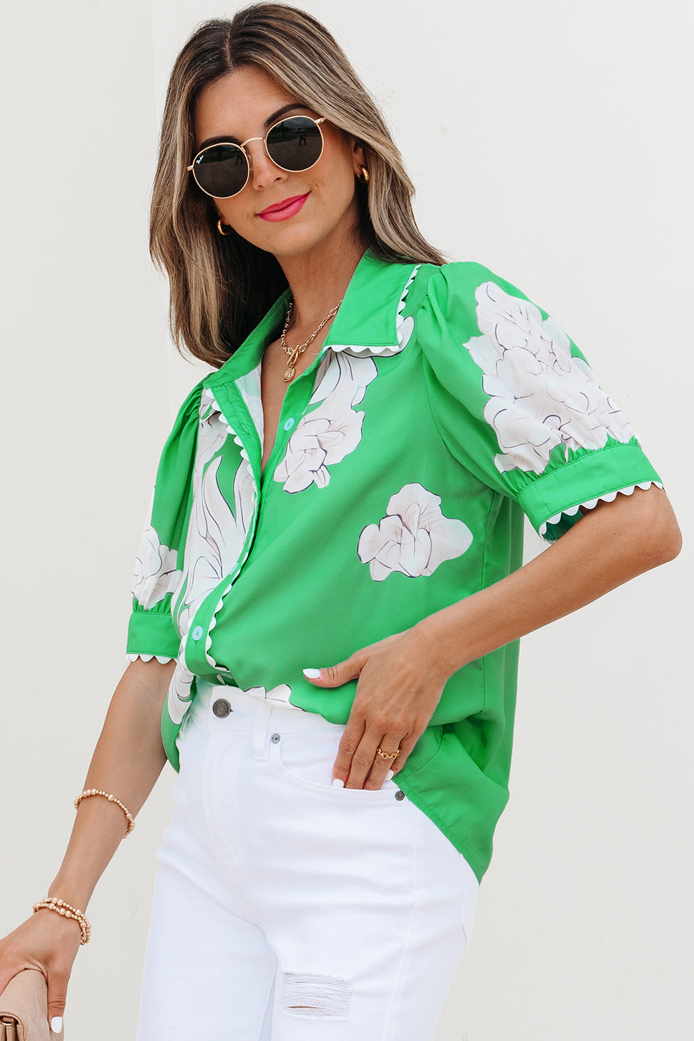 Sky Blue Floral Ric Rac Edge Puff Sleeve Button Up Summer Shirt