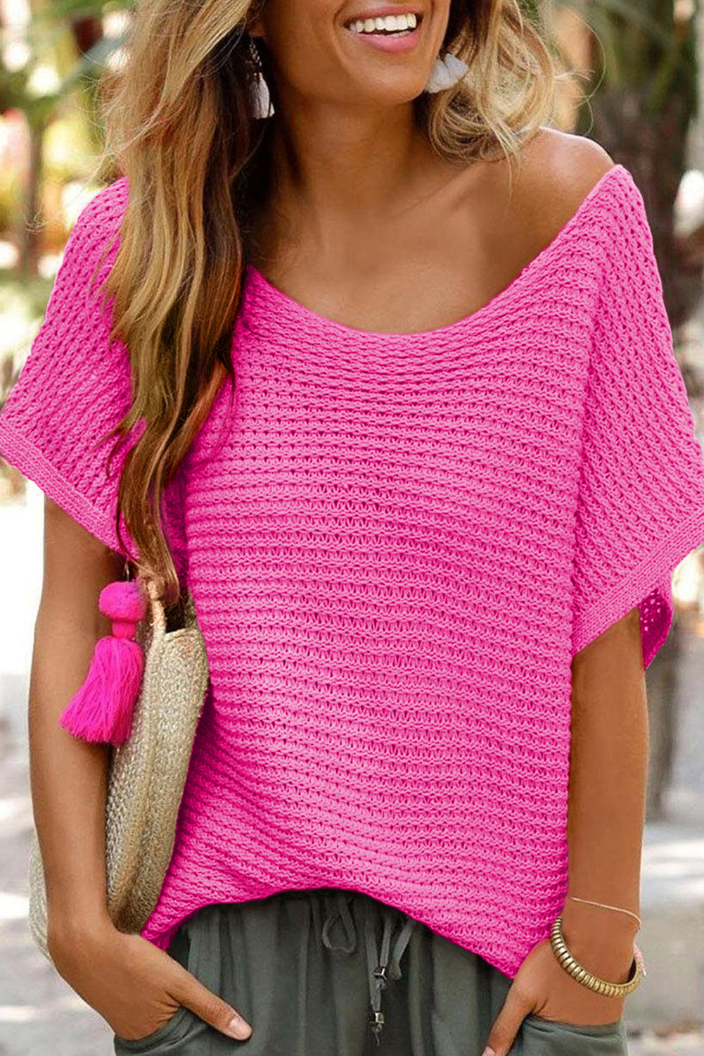 Red Clay Solid Loose Knit Short Dolman Sleeve Sweater