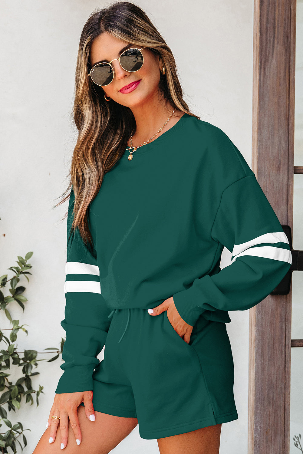 Orange Varsity Striped Sleeve Drop Shoulder Sweatshirt and Short Set