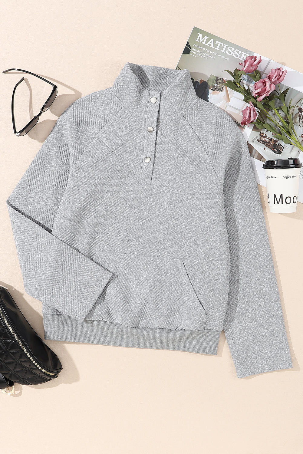 Laurel Green Textured Knit Buttoned Kangaroo Pocket Sweatshirt