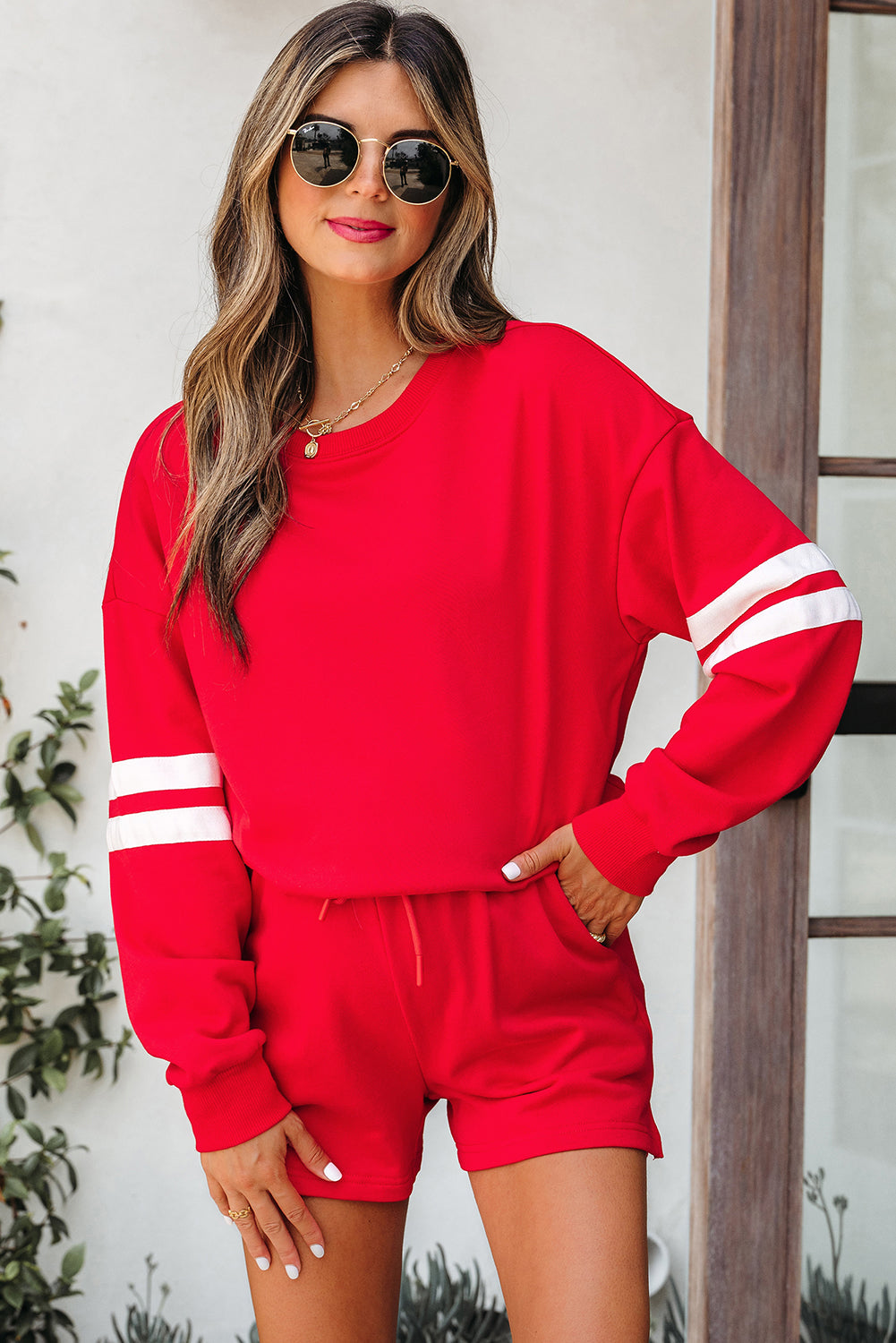 Orange Varsity Striped Sleeve Drop Shoulder Sweatshirt and Short Set