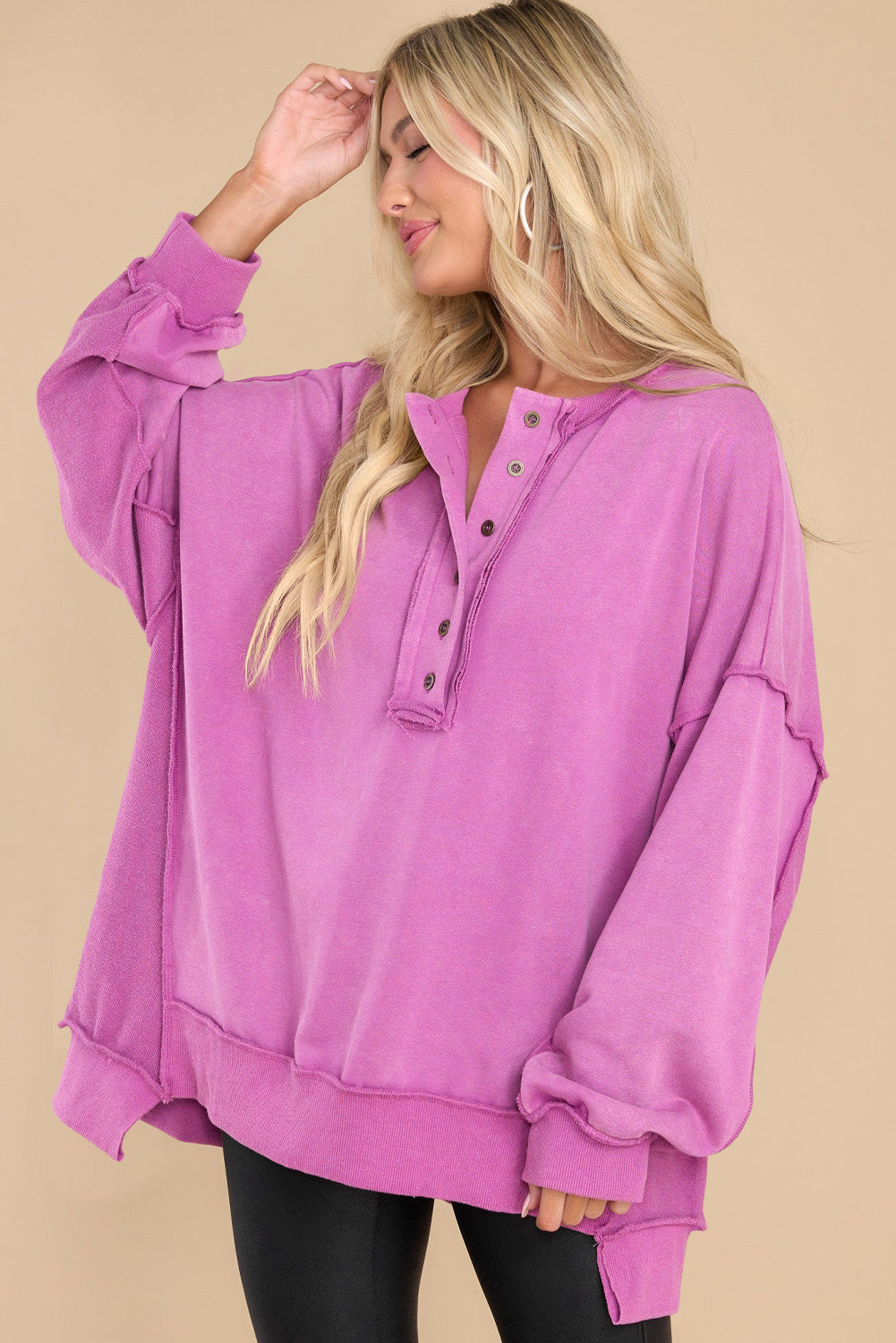 Black Oversized Exposed Seam Henley Sweatshirt