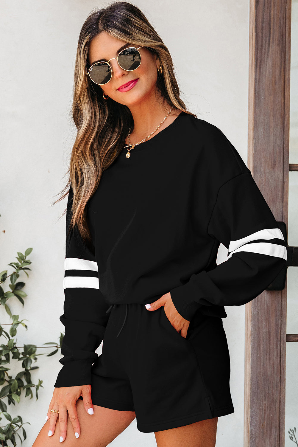 Orange Varsity Striped Sleeve Drop Shoulder Sweatshirt and Short Set