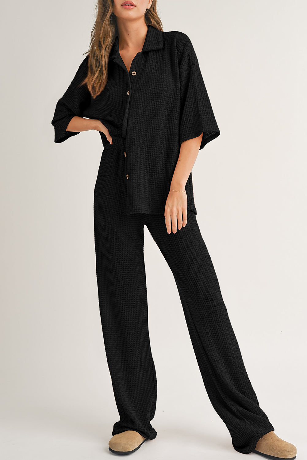 Four Leaf Clover Solid Color Textured Buttoned Shirt and Casual Pants Set