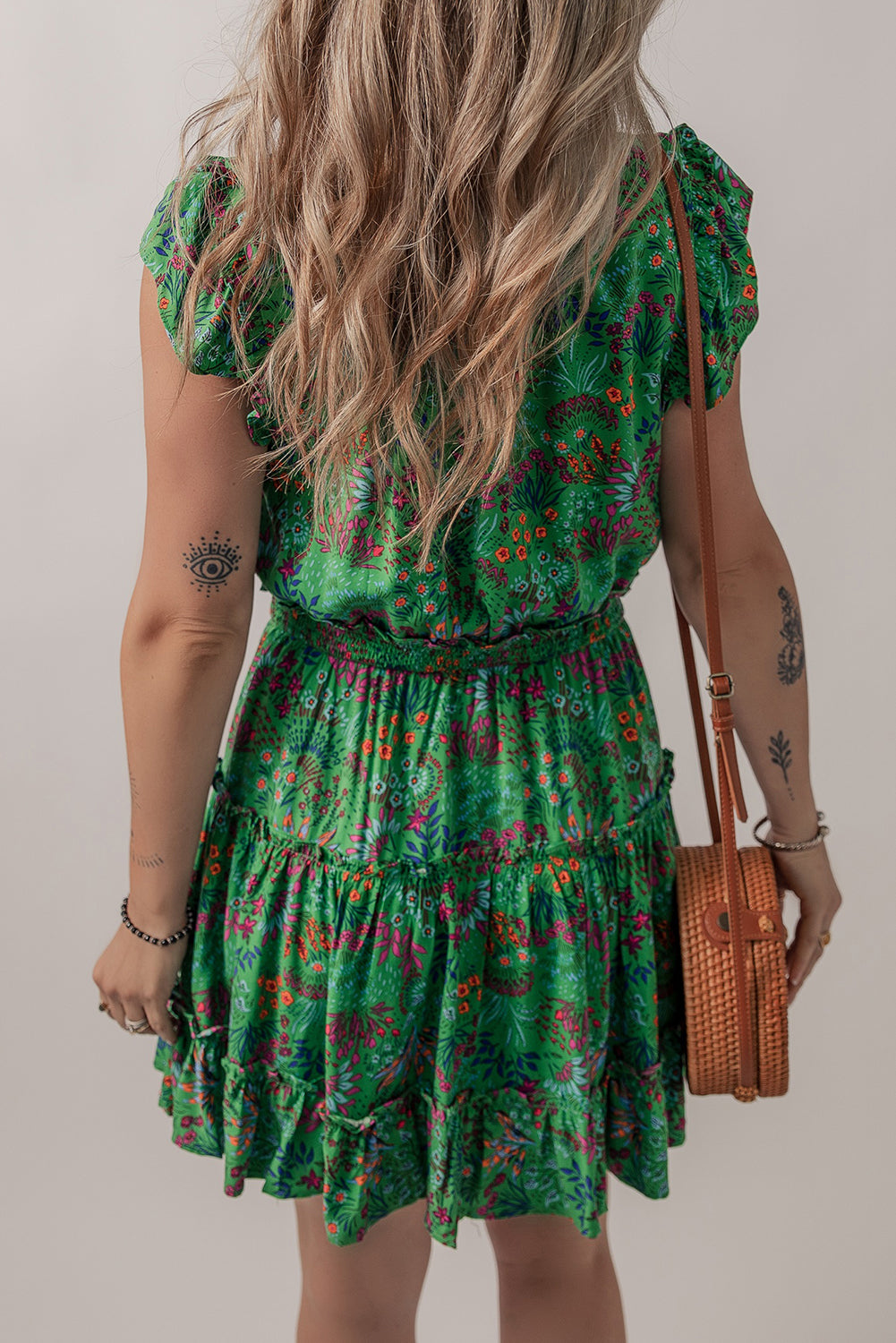 Green Floral Tie Split Neck Frilly Ruffle Trim Tiered Short Dress