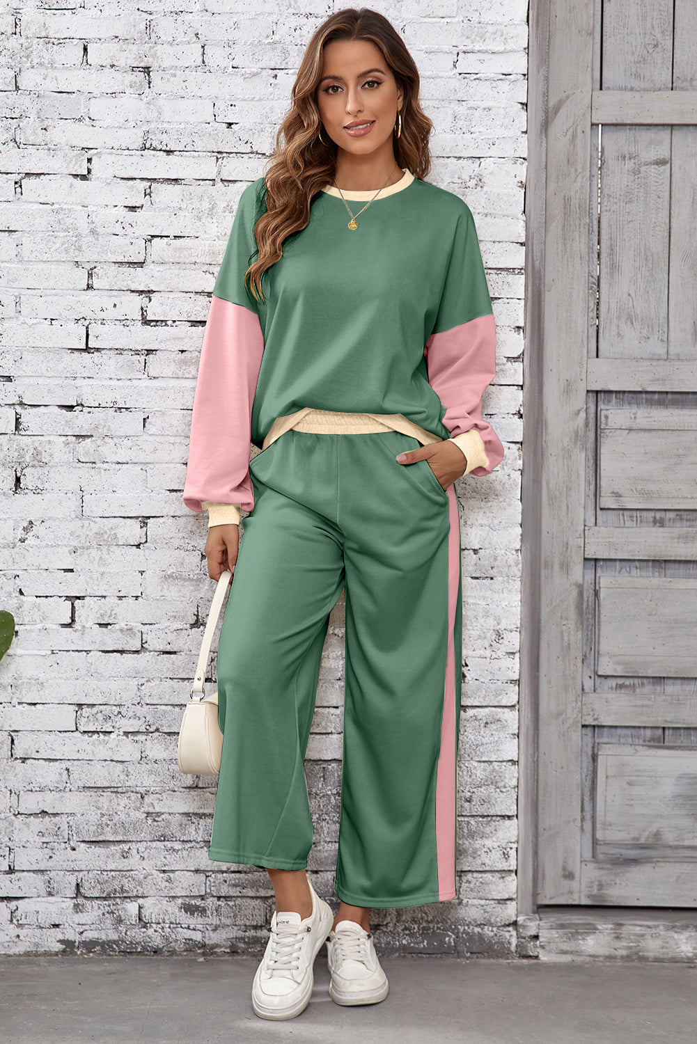 Chestnut 2pcs Color Block Pullover Loose Pant Set