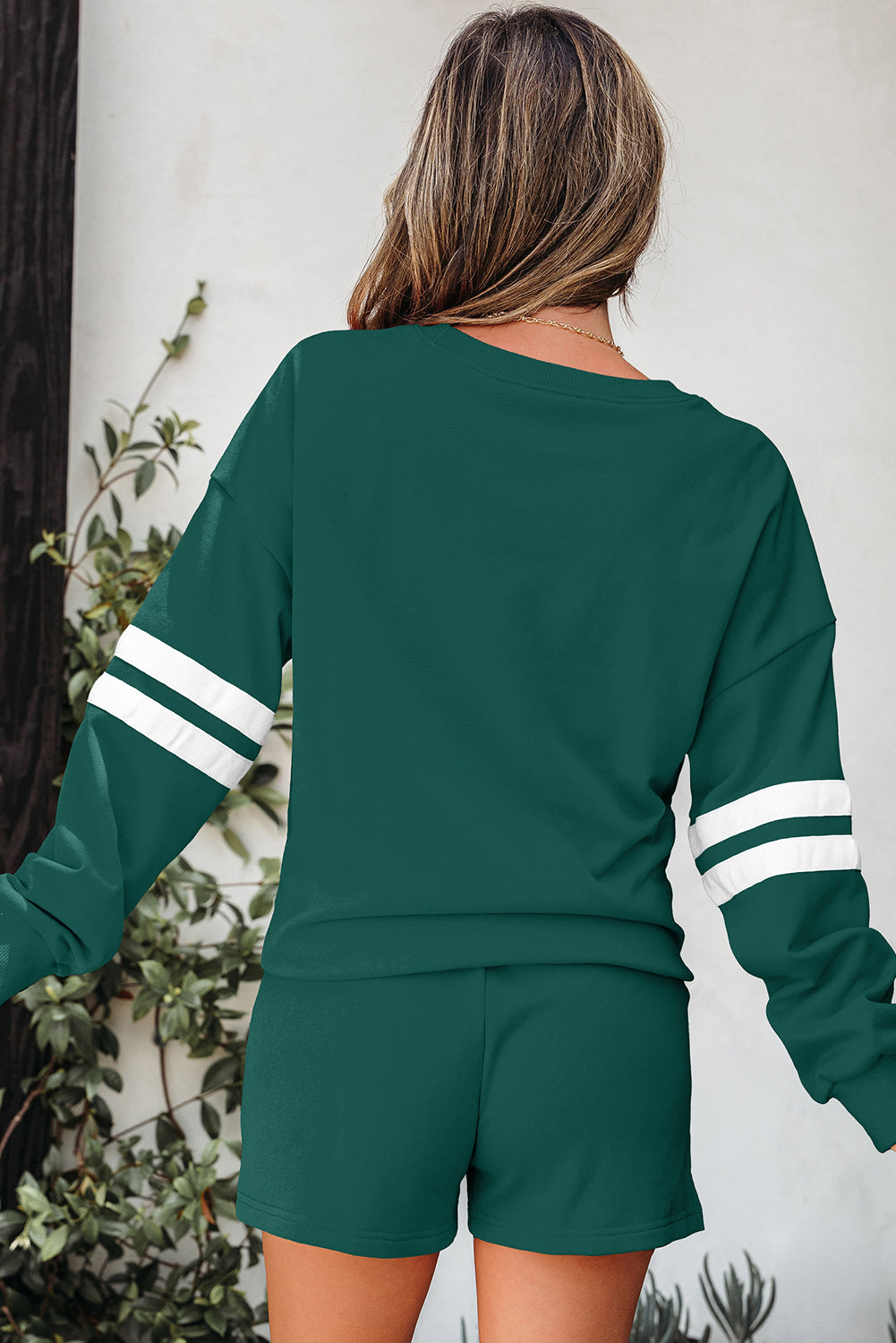 Orange Varsity Striped Sleeve Drop Shoulder Sweatshirt and Short Set
