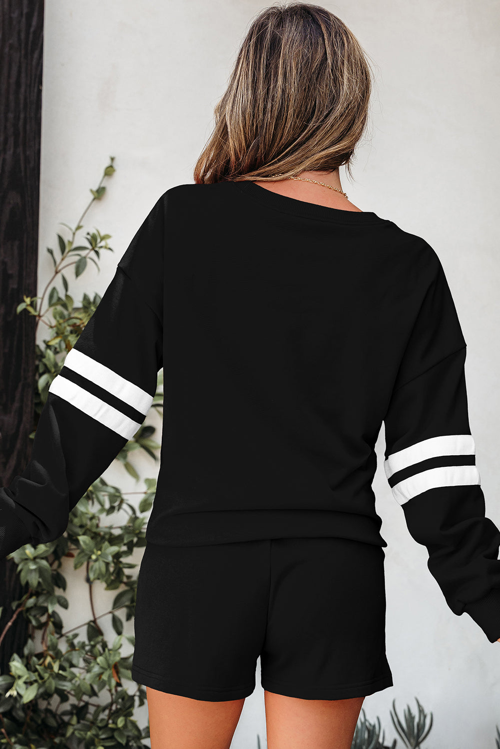 Orange Varsity Striped Sleeve Drop Shoulder Sweatshirt and Short Set
