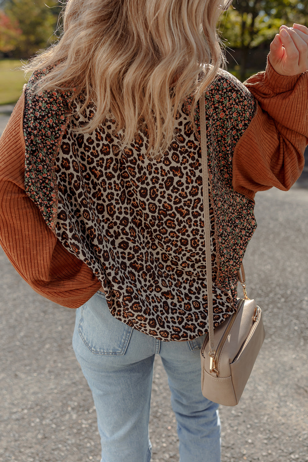 Brown Leopard Floral Print Ribbed Puff Sleeve Patchwork Loose Pullover