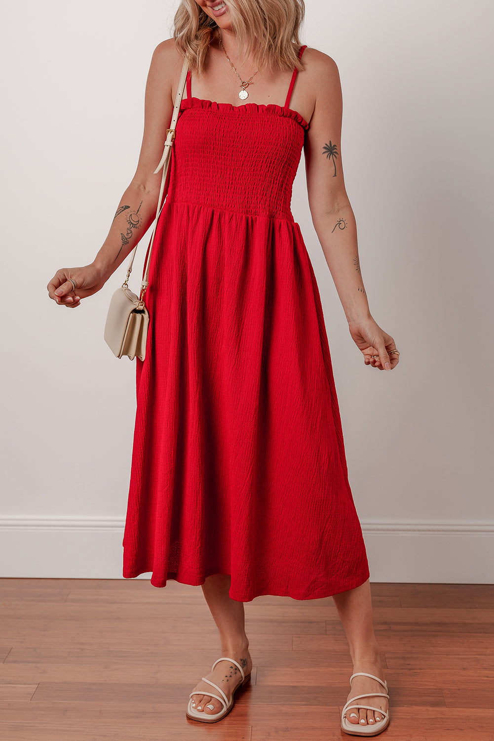 Racing Red Textured Shirred Ruffled Trim Spaghetti Strap Midi Dress