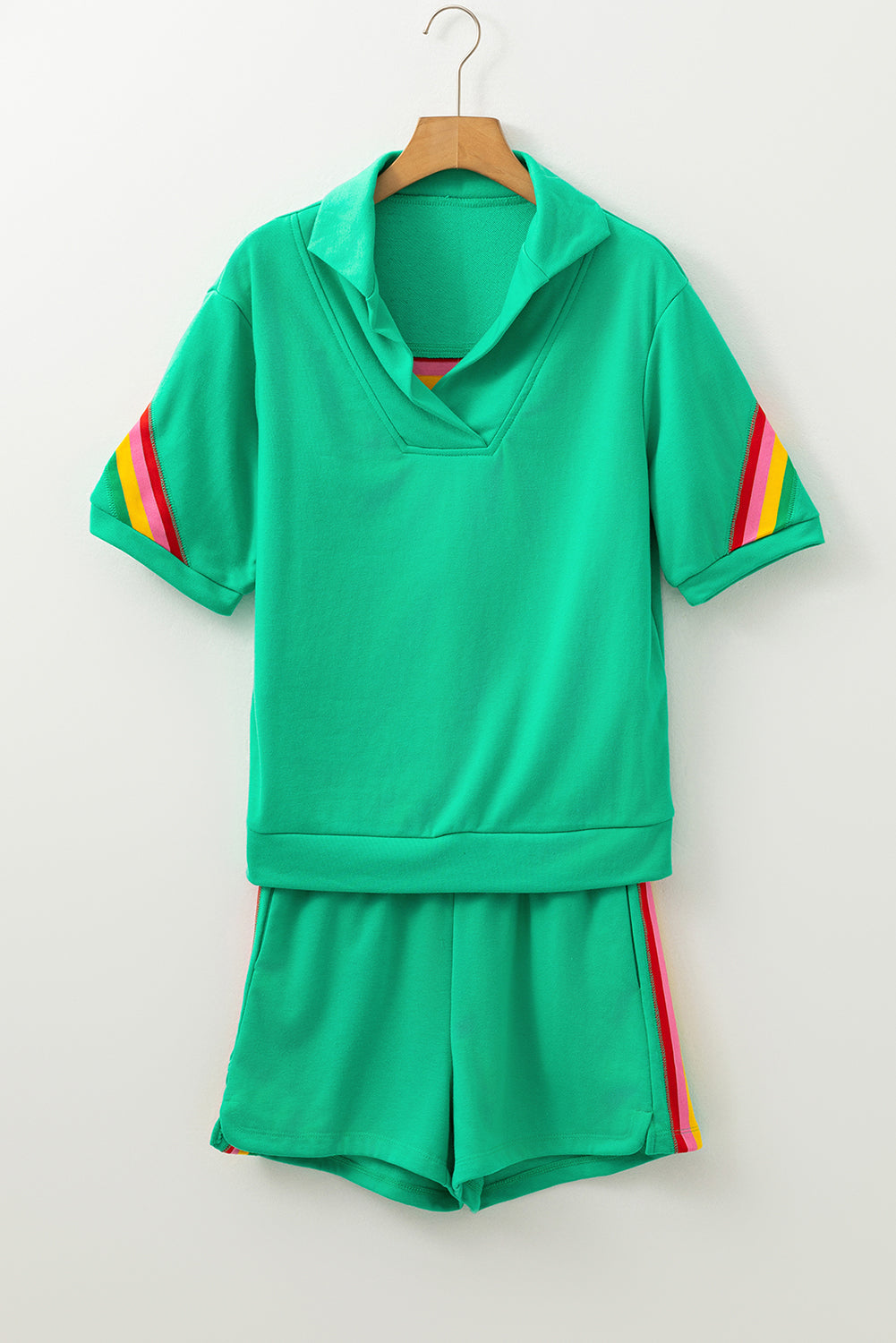 Sky Blue Rainbow Colorblock Collared Short Sleeve Top 2 Piece Shorts Set