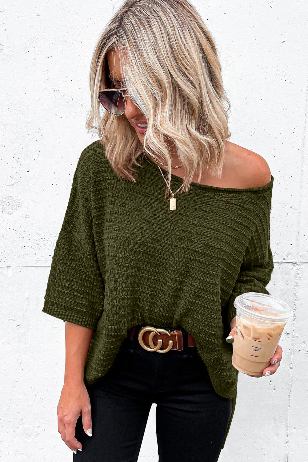 Apricot Textured Knit Drop Shoulder Short Sleeve Sweater