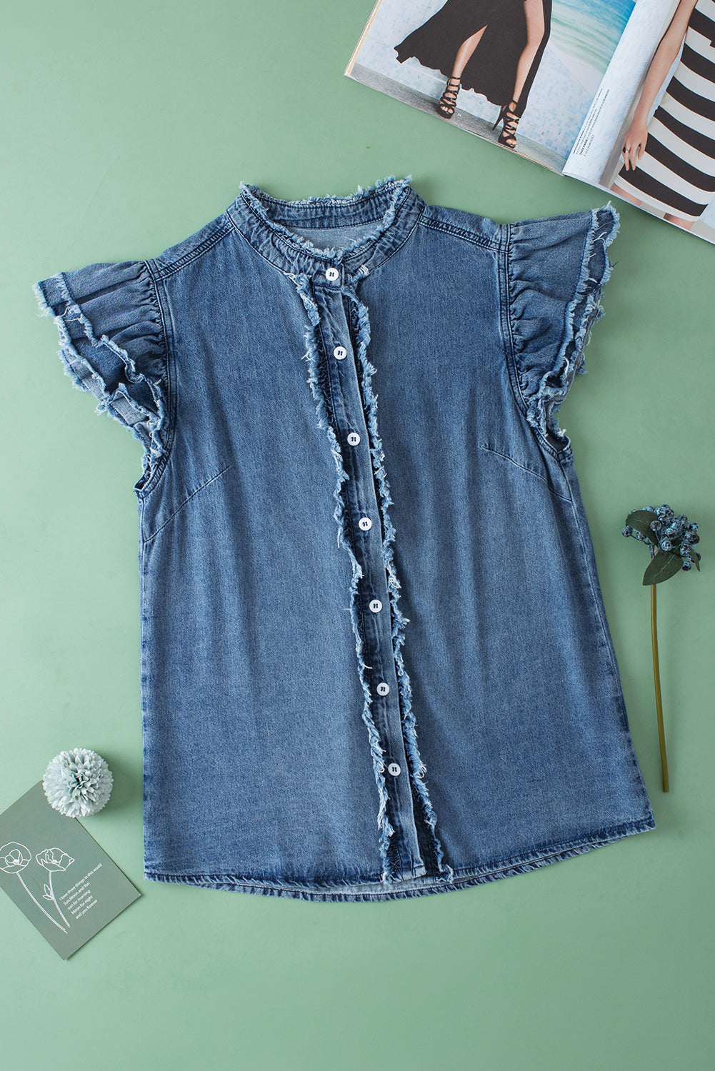 Black Button Front Ruffled Flutter Frayed Denim Top