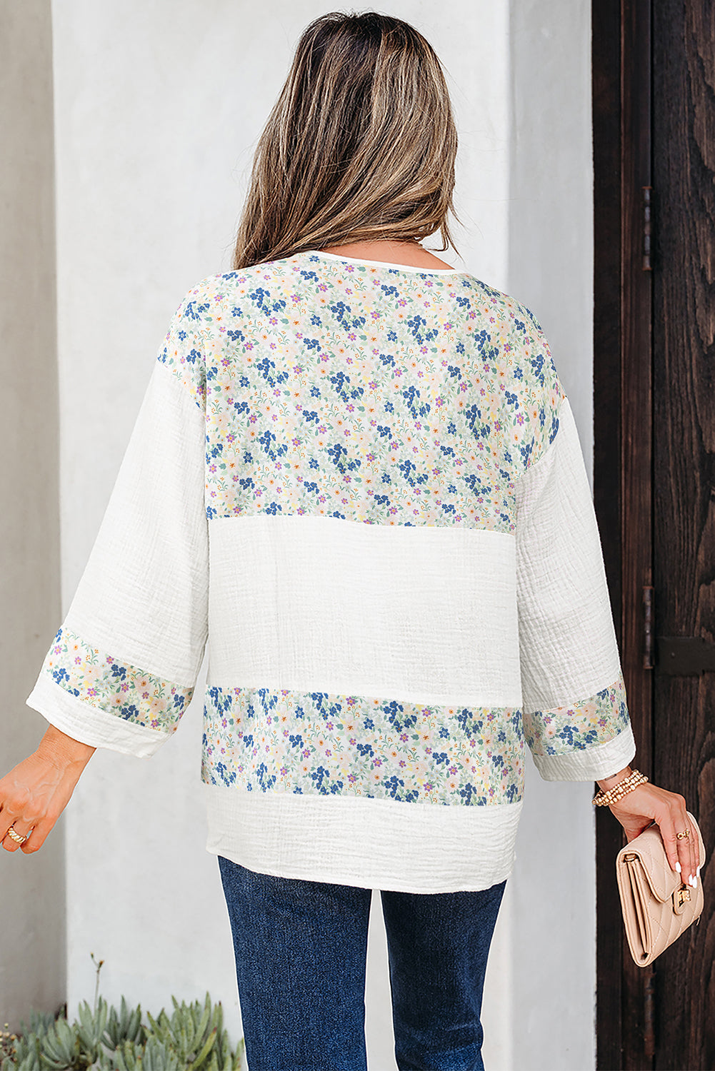 Red Floral Print Gauze Patchwork Henley Button 3/4 Sleeve Blouse