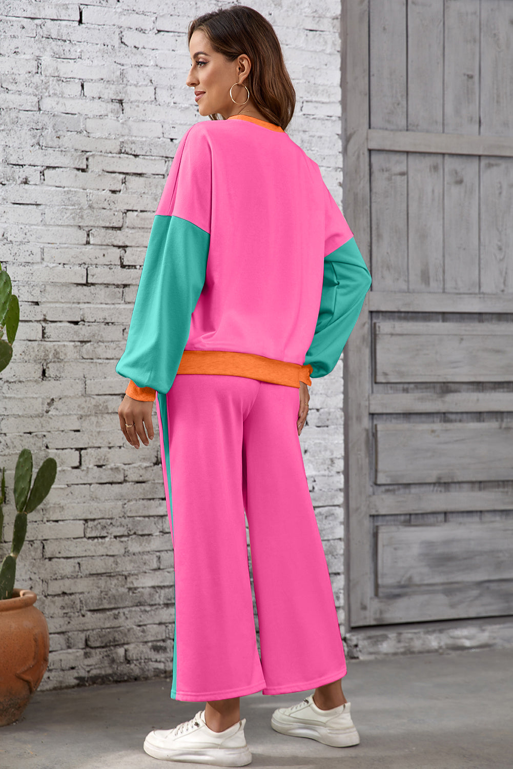 Chestnut 2pcs Color Block Pullover Loose Pant Set