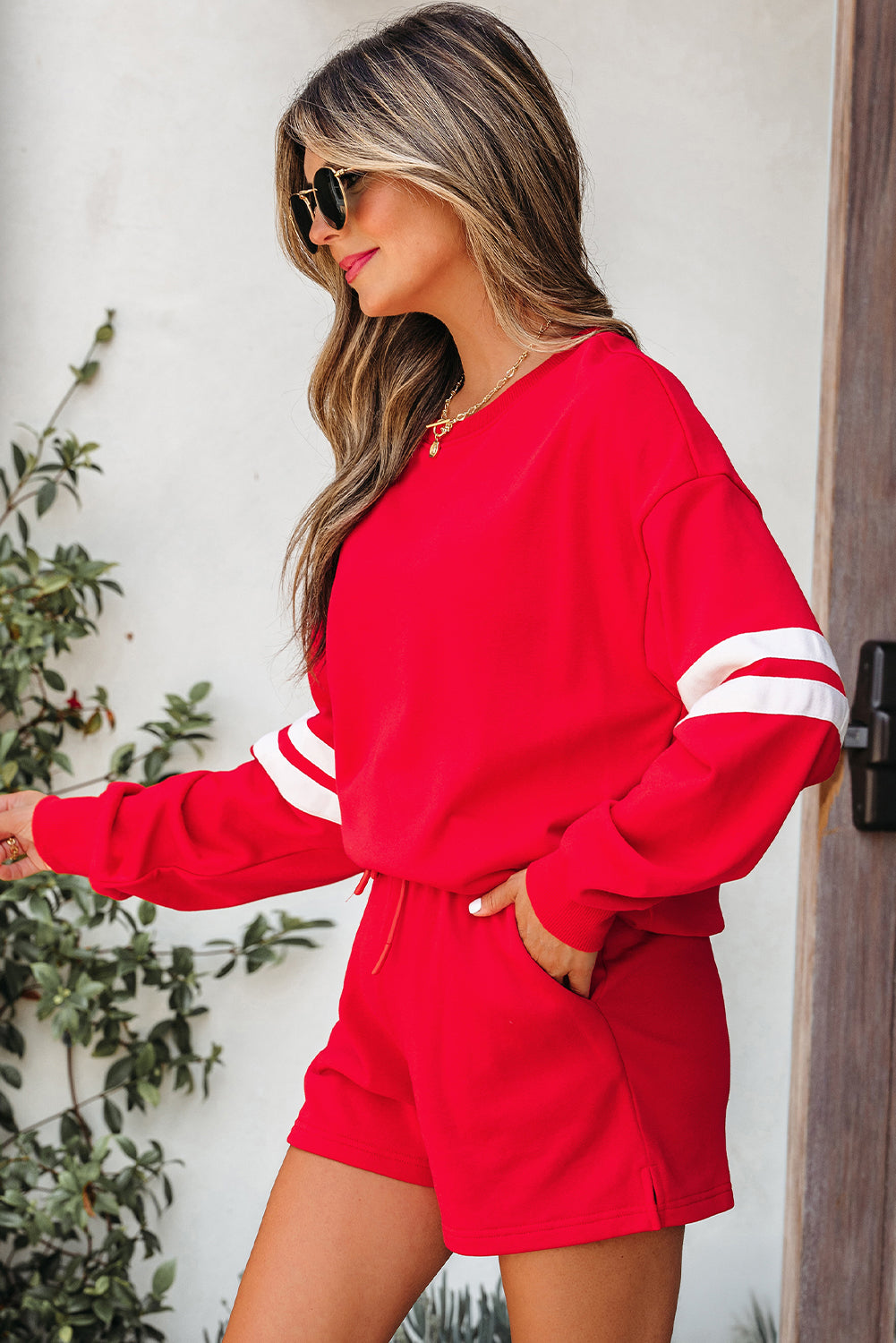 Orange Varsity Striped Sleeve Drop Shoulder Sweatshirt and Short Set